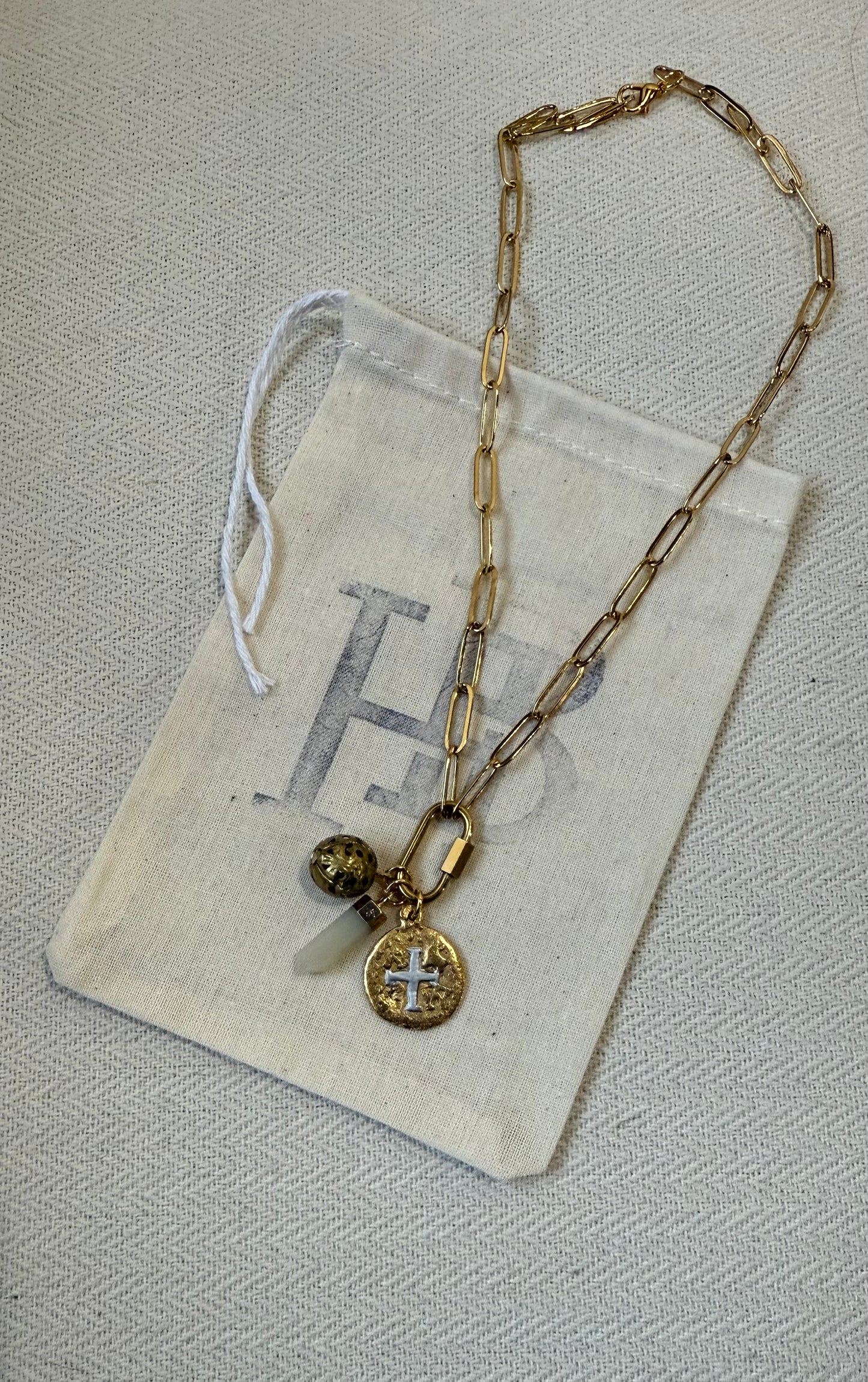 Lock with Charms on gold paperclip chain