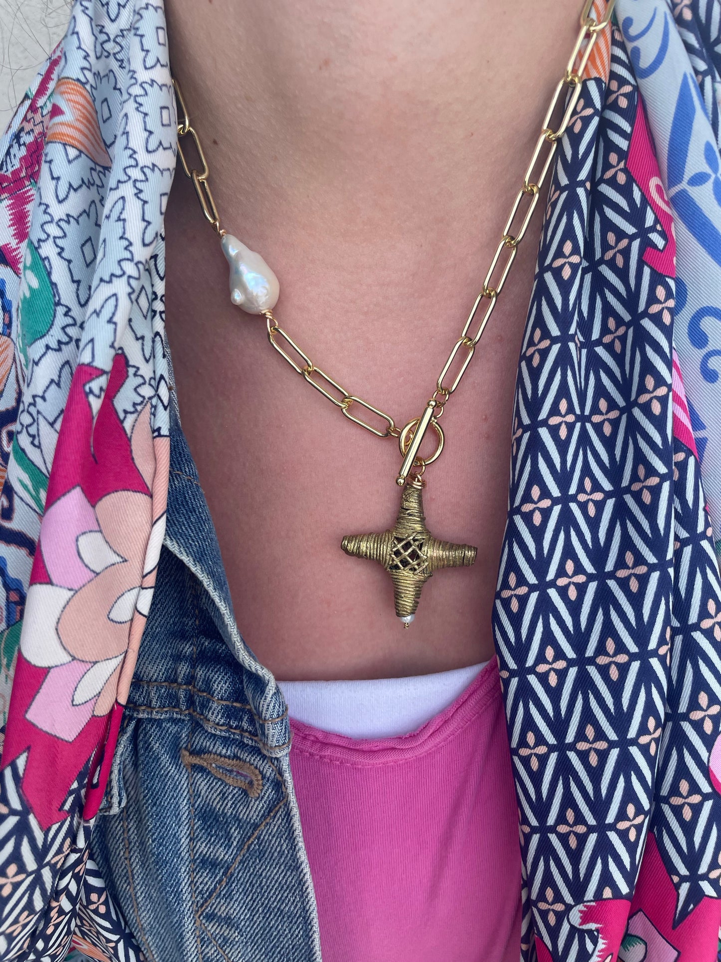 Round Top Pearl & African Brass Cross Necklace