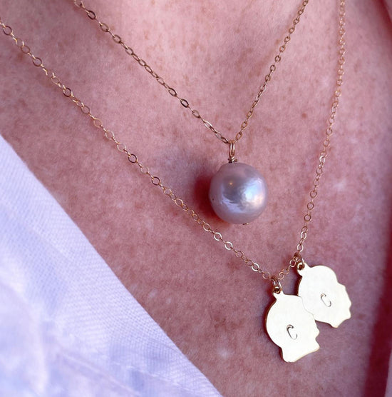 stacked pearl charm necklace and hand stamped boy charm necklace 