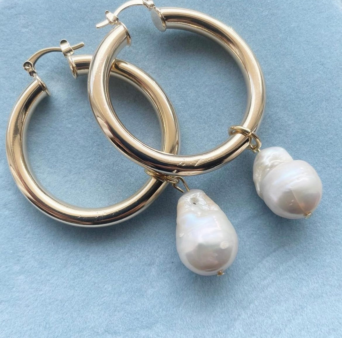 Gold chunky hoop earrings with pearl drop charm 