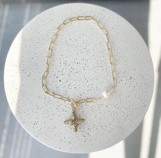 Round Top Pearl & African Brass Cross Necklace